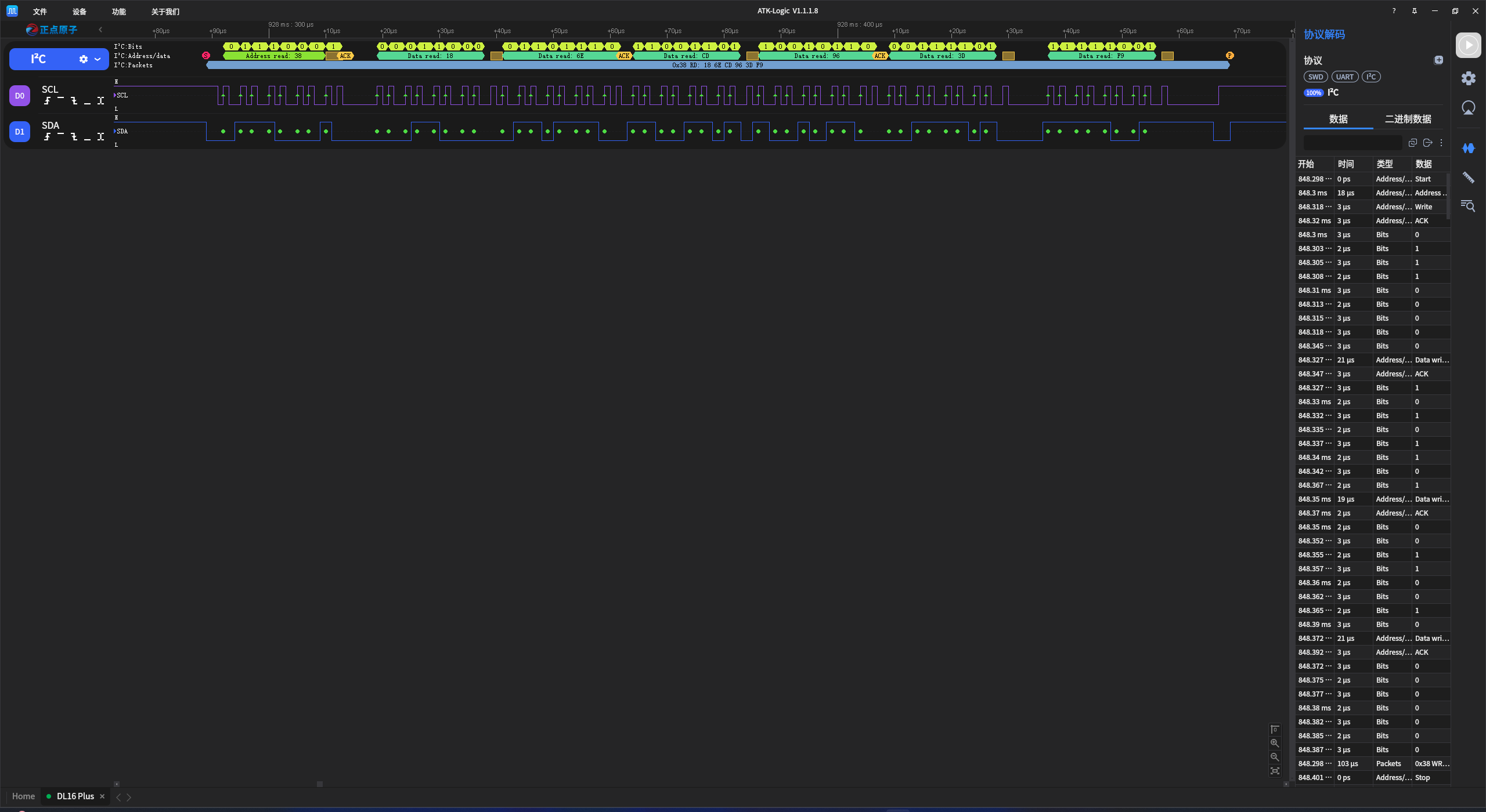 读数据:Address read 38 → ACK → 连着读回 18 6E CD 96 3D F9 → STOP