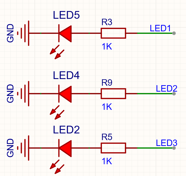 三颗 LED 的原理图:正极经 1kΩ 电阻接 GPIO,负极接地